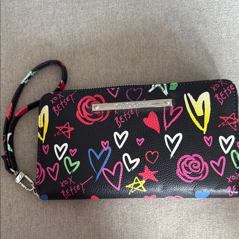 Betsey Johnson Black Multicolor Heart Wristlet